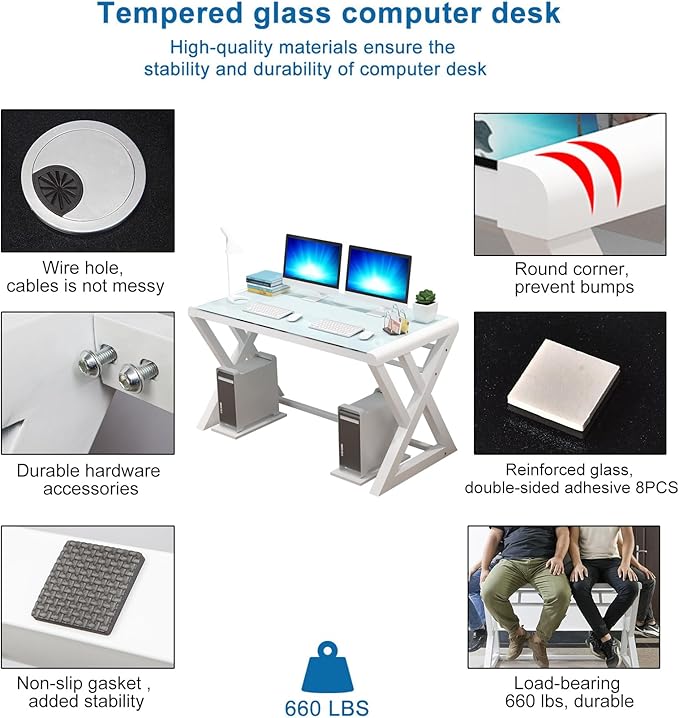 IPKIG Tempered Glass Computer Desk Modern Study Office Desk with Metal Frame and Glass Top Writing Study Desk Table Gaming Desk for Home Office Workstation (White 55.1 Inch)