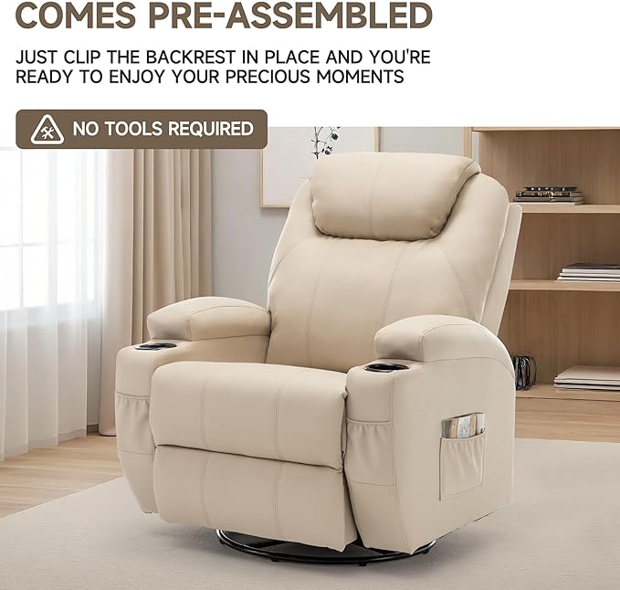 Recliner Chair Rocking Chair with Massage and Heat 360° Swivel Recliner Chairs for Adults Rocker Manual Recliner with Remote Control and Cup Holder for Living Room Bedroom Nursery