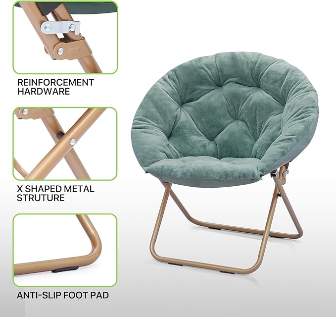 Magshion Folding Saucer Chair for Adults with Ottoman Circle Reading Chair for Bedroom Living Room &amp Dorm Furry Comfy Accent Seat with Metal Leg &amp Thick Padded for Small Spaces (Teal 2 Pac
