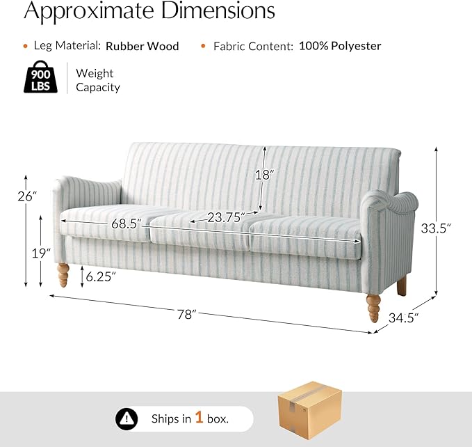 HULALA HOME Farmhouse Curved Couch with Stripe Pattern 3 Seater Sofa with Solid Wood Spindle Legs and Rolled Wide Armrests Comfy Upholstered Sofa for Living Room Bedroom Blue