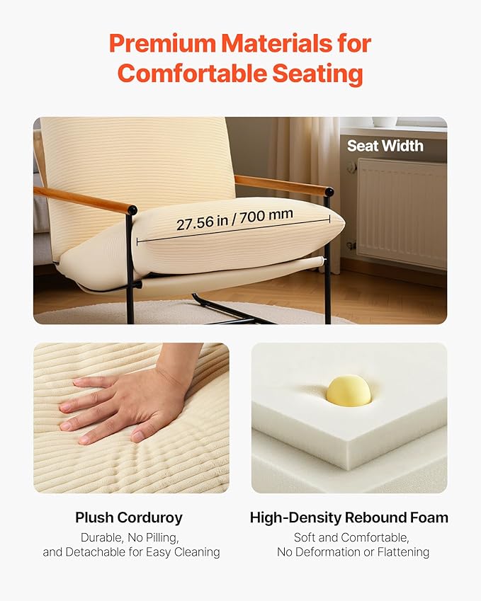 VEVOR Accent Chair Metal Framed Chair with Wooden Armrests Modern Cozy Upholstered Armchair with Soft Foam Cushioning Detachable Cushion for Living Room Bedroom Reading Room Office Beige