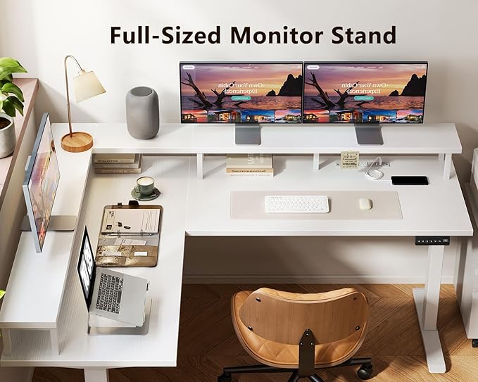AODK Electric L Shaped Standing Desk 59 Inch Height Adjustable Stand Up Desk with Power Outlets ＆ Full Monitor Stand Reversible Corner Desk for Home Office ＆ Computer Workstation White