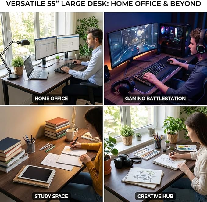 55 inch Large Computer Desk Wood Modern Simple Style Desk for Home Office Bedroom Study Student Writing Desk Small Spaces Black Metal Frame Walnut Top