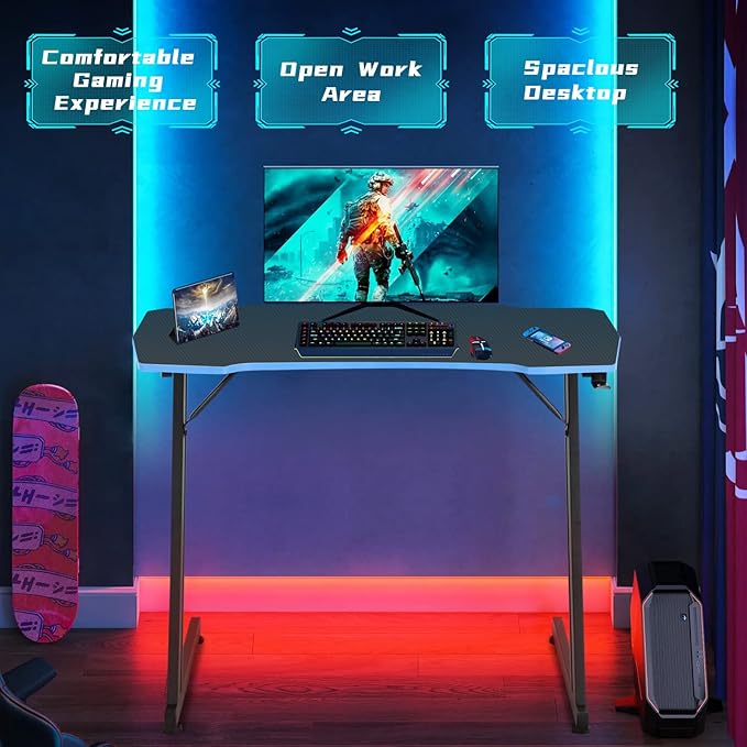 Large PC Gaming Desk 47 in Computer Desk with Headphone Hook Z-Shaped Gaming Table Home Office Desks Workstations for Small Places Carbon Fiber Surface Simple Installation Black