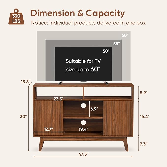 Concho Fluted TV Stand for 60 Inch TV Modern Entertainment Center with Storage and Shelves Wood TV Console with Solid Wood Legs Tall Media Console TV Cabinet for Living Room and Bedroom Walnut