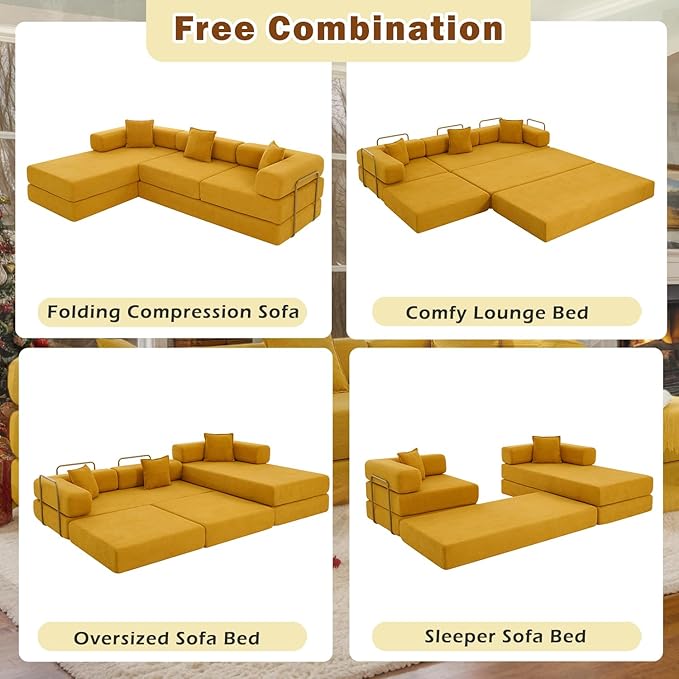 108 W Corduroy Modular Cloud Couch with Fixed-Shape Frame Oversized L-Shaped Sectional Sleeper Sofa Bed with Pull Out Bed No Assembly Modern Floor Boneless Couch for Living Room (Yellow)