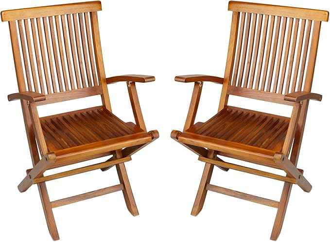TeakCraft Teak Folding Arm Chair - 2 Piece Foldable Chairs Set - Fully Assembled - Solid Wooden Outdoor Indoor- Wood Dining Room Kitchen Patio Bistro Chairs The Mille