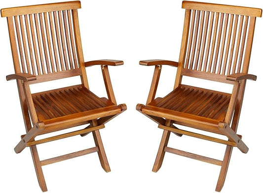 TeakCraft Teak Folding Arm Chair - 2 Piece Foldable Chairs Set - Fully Assembled - Solid Wooden Outdoor Indoor- Wood Dining Room Kitchen Patio Bistro Chairs The Mille