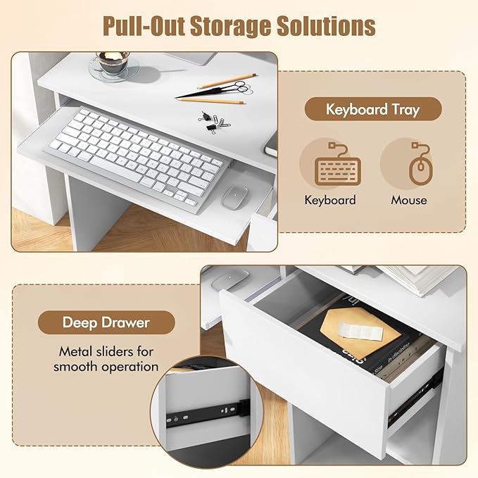 Computer Desk with Drawers Modern Office Desk with Keyboard Tray and Open Storage Shelf Study Table for Kids White Home Office Desks Small Desk for Bedroom Living Room Study (White)