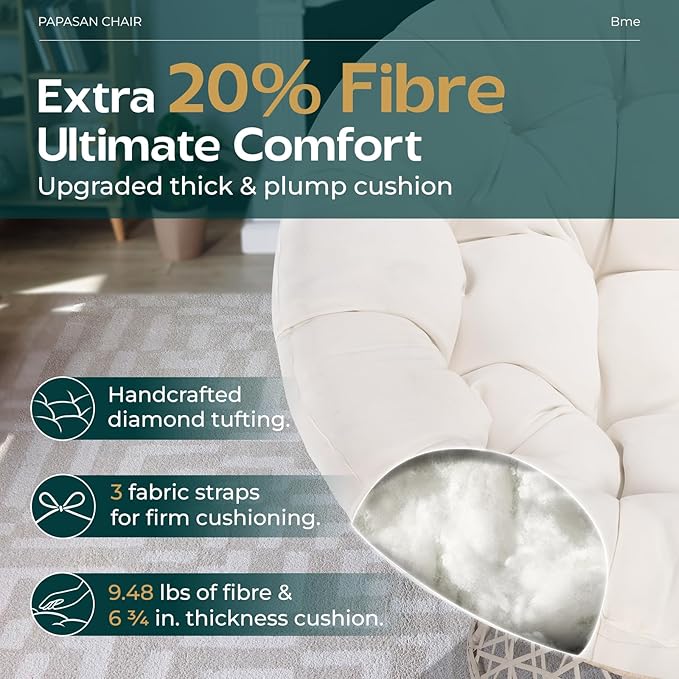 Bme 40 Ergonomic Wicker Papasan Chair with Soft Thick Density Fabric Cushion High Capacity Steel Frame 360 Degree Swivel for Living Bedroom Reading Room Lounge