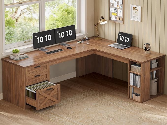 SEDETA 67 Farmhouse L Shaped Desk with 3 Drawers Executive Home Office Desks with Storage Shelves Corner Computer Desk with Power Outlets for Home Office Brown