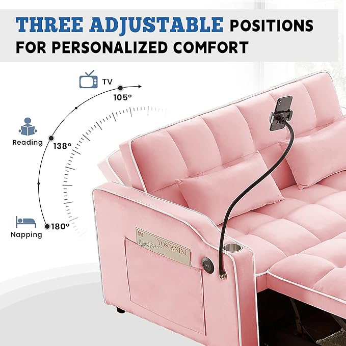TTK 3-in-1 Convertible Velvet Sleeper Sofa Bed Pull-Out Loveseat with Adjustable Backrest USB Port &amp 2 Pillows Swivel Phone Stand &amp Storage Pockets Modern Futon Couch for Living Room Pink