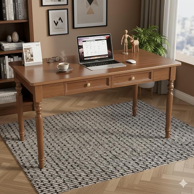 Large Computer Desk with 2 Storage Drawers 47 Home Office Desks- Elegant Wood Writing Desks Classic Vanity Dressing Table for Small Space Easy Assembly Caramel Brown SXC-D776
