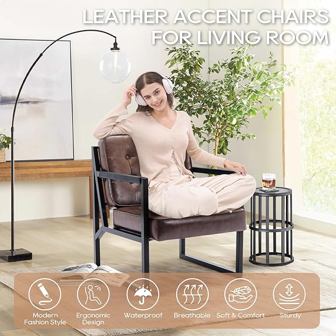 COLAMY Mid Century Modern Accent Chair Comfy Living Room Chairs Brown Leather Accent Chair Faux Leather Reception Armchair with Metal Legs for Living Room Bedroom Reception Waiting Room Brown