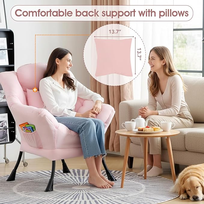 Lazy Chair for Living Room Large Pink Accent Chair with a Throw Pillow Leisure Sofa Chair Set Comfy Reading Chair for Bedroom Dorm Room Office