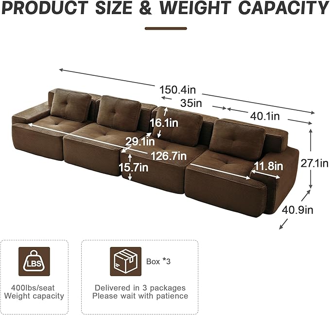 Casaphoria 150'' Brown Corduroy Cloud Couch 4-Seater Boneless Sectional Sofa with 4 Pillows for Living Room Deep Seat Sofa No Assembly Required
