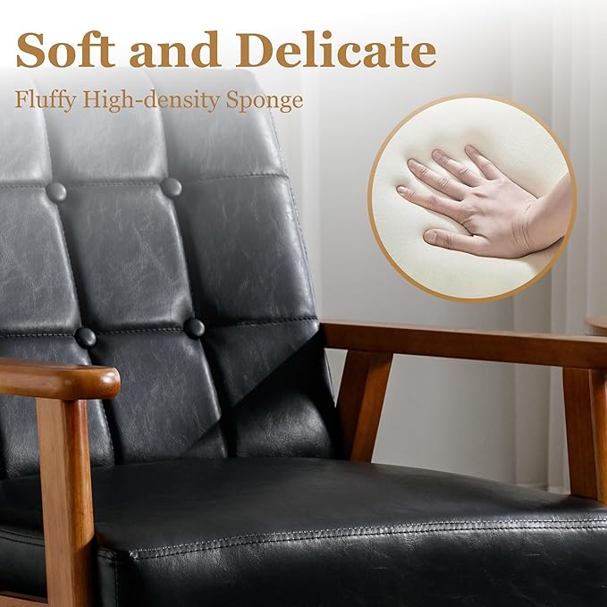 Modern Accent Chair Mid-Century Linen Armchair with Solid Wood Armrests Button-Tufted Comfortable Cushioned Reading Chairs for Living Room Bedroom (Black