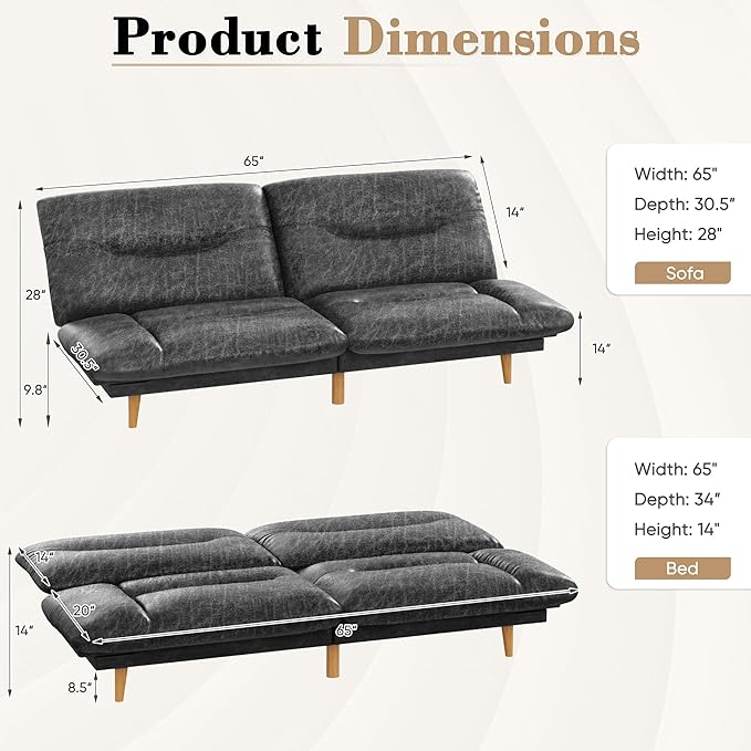 Homall Futon Sofa Bed Modern Loveseat Futon Couch with Adjustable Backrest and Armrests Sleeper Sofa Bed with Wood Frame for Living Room Office Apartment (Leathaire Coal Black)