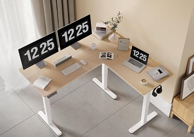 Claiks L Shaped Standing Desk Adjustable Height Dual Motor Electric Corner Standing Desk 63x55 inch Sit Stand up Desk with Splice Board Nature