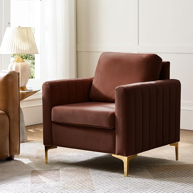 Modern Upholstered Velvet Accent Chair Velvet Armchair Club Chair with Gold Metal Legs Mid-Century Barrel Leisure Comfy Reading Chair for Livingroom Bedroom Burn Brick