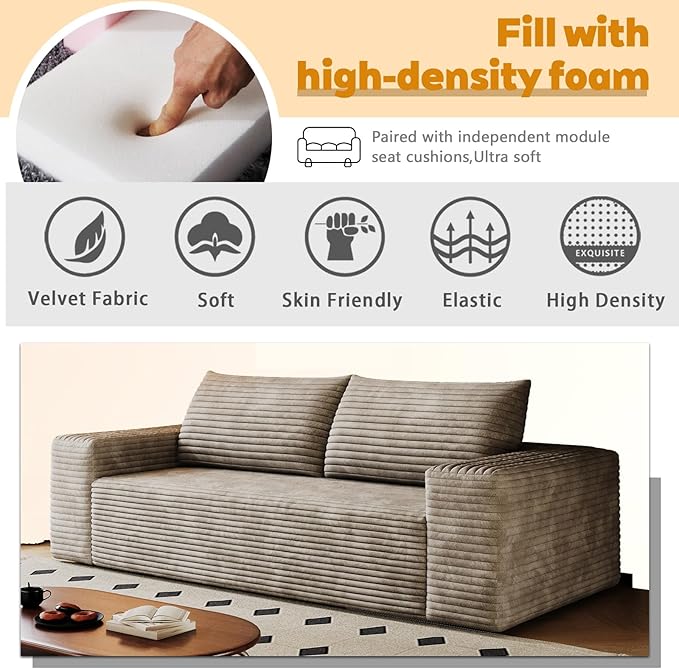 63 Sofa in a Box Compressed Boneless Couch with Wide Armrests &amp 2 Cushions Cloud loveseat Sofa for Living Room Memory Foam Deep Seat Corduroy Fabric No Assembly (Camel 2)