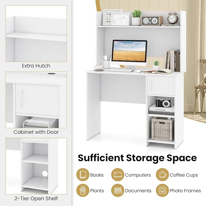 Giantex White Desk with Hutch Small Computer Desk with Bookshelf &amp Adjustable Shelf 2 Cable Holes Modern Laptop PC Computer Workstation Study Writing Desk for Small Spaces Bedroom Home Offic