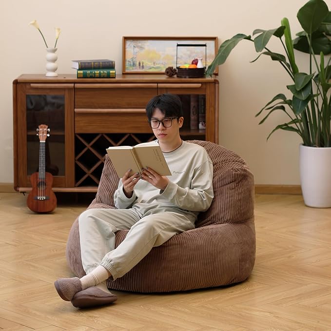 N&ampV Large Crescent Bean Bag Chair Adult Size Bean Bag Sack Foam Filling Soft Premium Corduroy Bean Bag for Living Room Bedroom Dorm and Office (Brown Sugar)