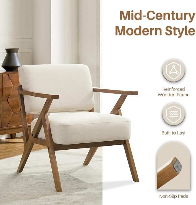 Mid Century Modern Accent Chair Set of 2 Linen Upholstered Boho Armchairs for Living Room Wood Frame Leisure Chair for Bedroom/Balcony/Hotel/CaféBeige