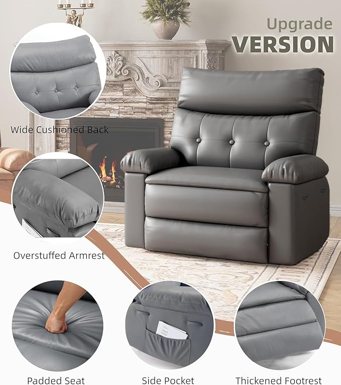 Oversized Wide Rocker Swivel Recliner Chair PU Leather Manual Recliner for Adults Large Nursery Glider Chair with Comfortable Arms &amp Back for Living Room BedroomGray
