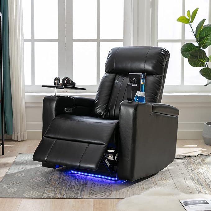 Black Power Recliner Chair with Cupholders &amp Storage - Armchair Electric Reclining with USB Port 360° Swivel Tray Table Cell Phone Stand Ambient Lighting Leather Living Room Chair for Home The