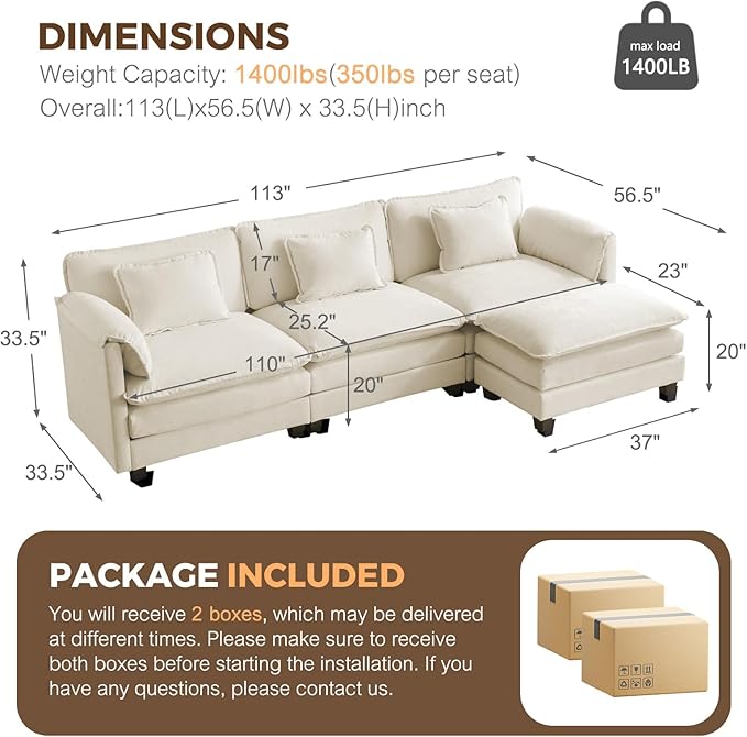 ELUCHANG 113 L Shaped Modular Sectional Couch Comfy 4-Seat Cloud Couch with Movable Ottoman Deep Seat Sofa Couches for Living Room Apartment DIY Combination Chenille Beige