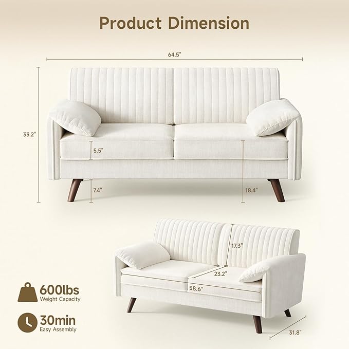 ONBRILL 64.5 Loveseat Sofa Chenille Loveseat Couch for Living Room 23.2 Deep Seat Love Seat with Padded Arms Comfy Modern Small Couches for Bedroom Small Spaces Dorms Office Beige