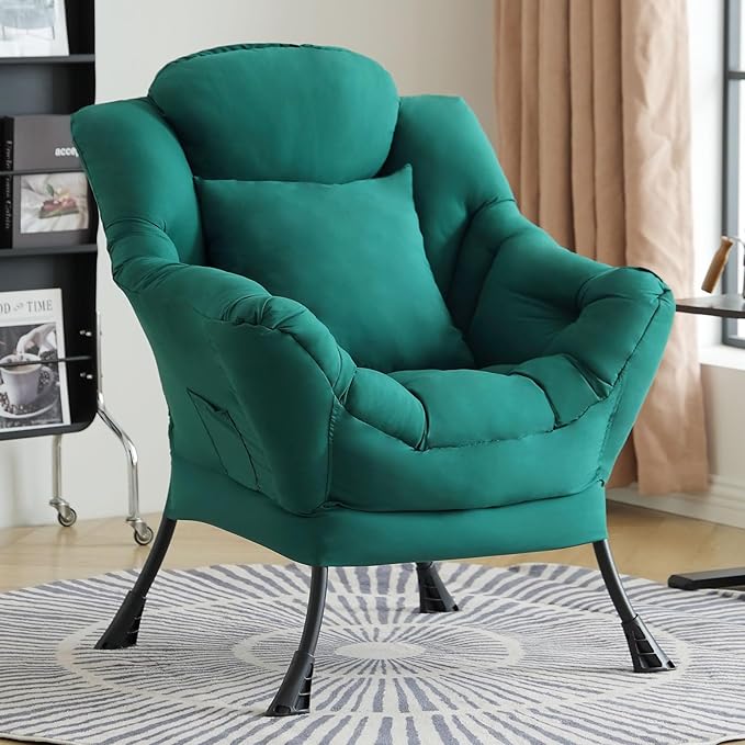 Lazy Chair for Living Room Large Dark Green Accent Chair with a Throw Pillow Leisure Sofa Chair Set Comfy Reading Chair for Bedroom Dorm Room Office