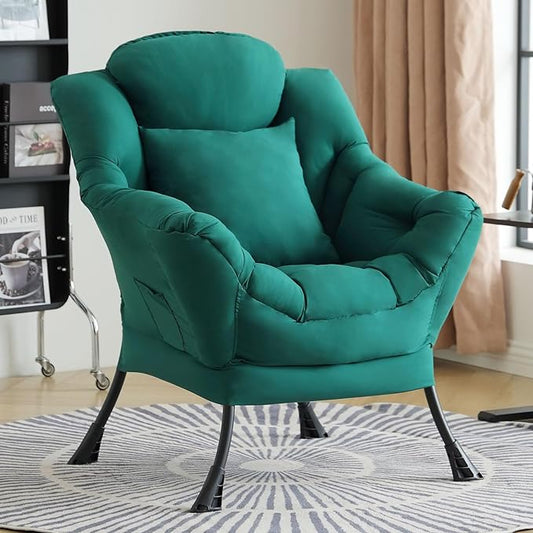Lazy Chair for Living Room Large Dark Green Accent Chair with a Throw Pillow Leisure Sofa Chair Set Comfy Reading Chair for Bedroom Dorm Room Office