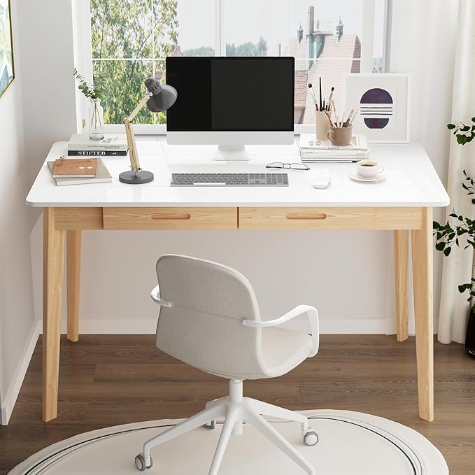 FUFU&ampGAGA 47” Office Desk Rectangular Computer Desk with 2 Drawers Writing Table for Reading Crafting Home Office Study Room White and Oak 47.2”W x 21.7”D x 29.5”H