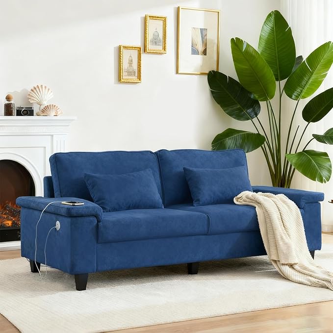 79'' Deep Seat Sofa for Living Room Mid Century Modern 3 Seater Couch with Adjustable Armrests &amp Charging Ports Navy Blue Loveseat for Apartment Home Office