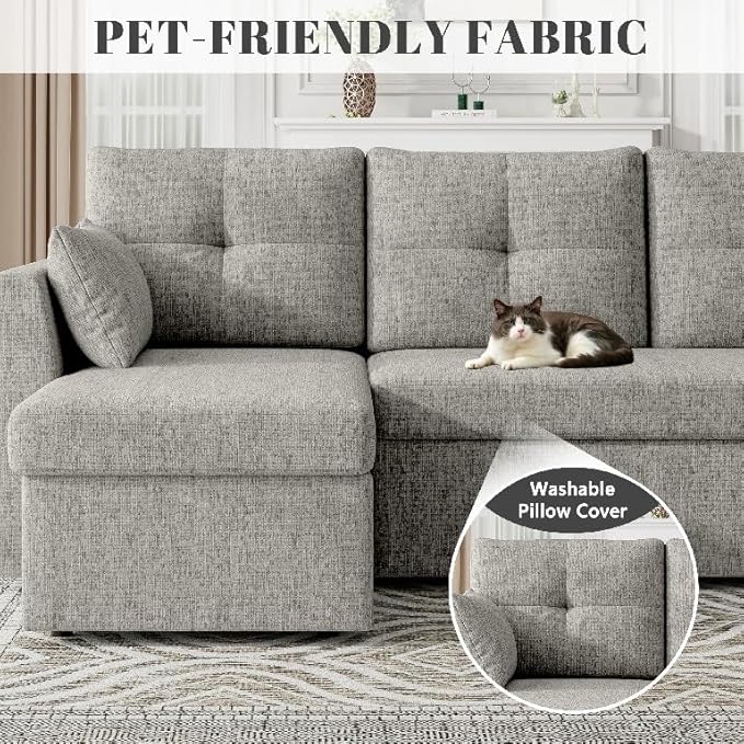 Sleeper Sofa Couch 2 in 1 Sectional Sleeper Couch Bed with Side Pocket Pullout Sofa Bed with Storage Chaise for Living Room Light Grey