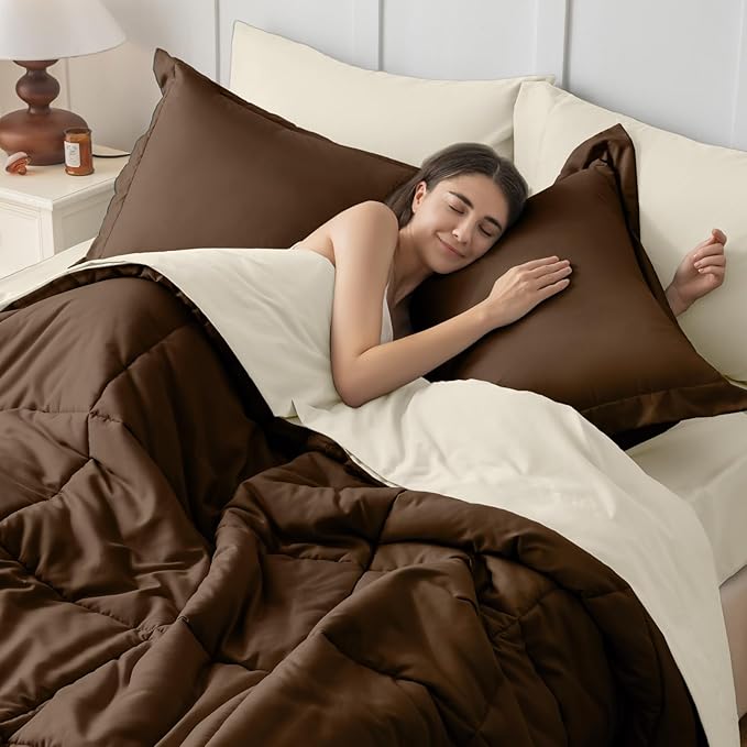 JOLLYVOGUE King Comforter Set Ultra-Soft Bed in a Bag King Size 7 Pieces Oeko-TEX Certified Bedding Set with Down Alternative Comforter Sheets Pillowcases &amp Shams Brown &amp Beige
