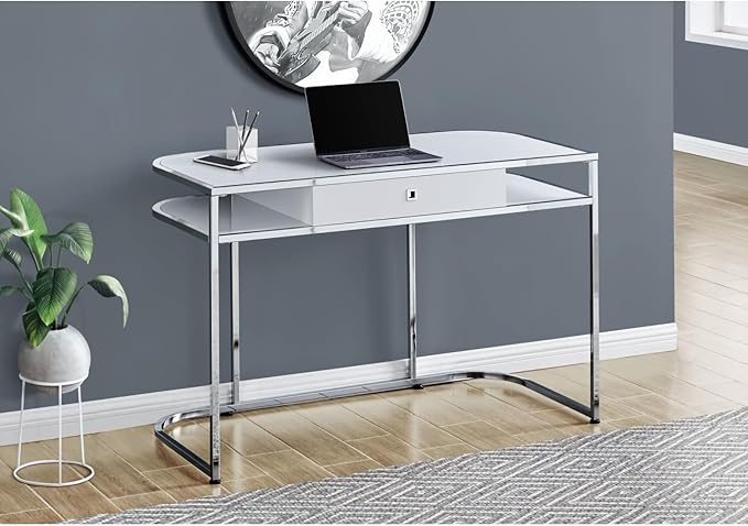 Computer Desk with Storage Drawers 48 Contemporary Work Desk for Home Office White Laminate Chrome Metal