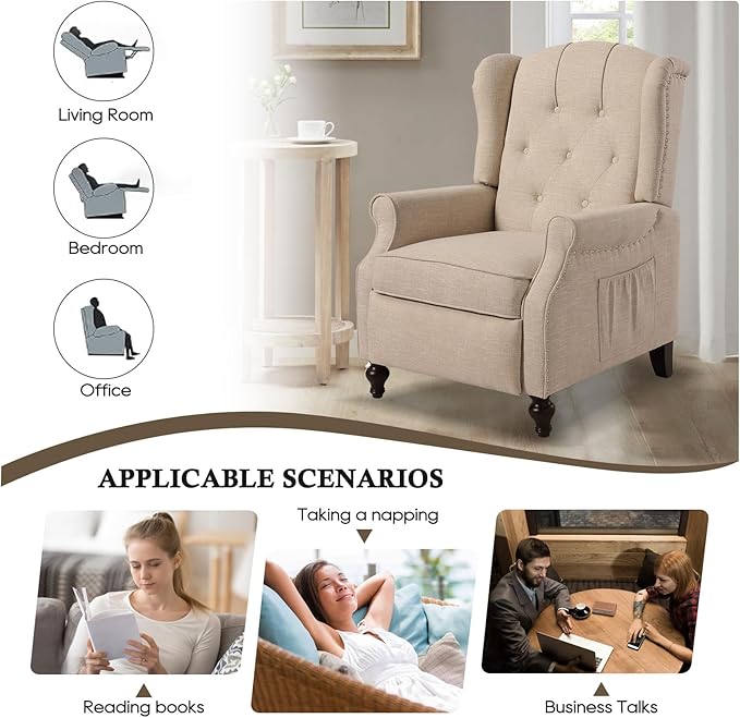 Wingback Recliner Chair with Massage and Heat Tufted Fabric Push Back Arm Chair Recliner Chair for Living Room Bedroom Home Theater (2Beige)
