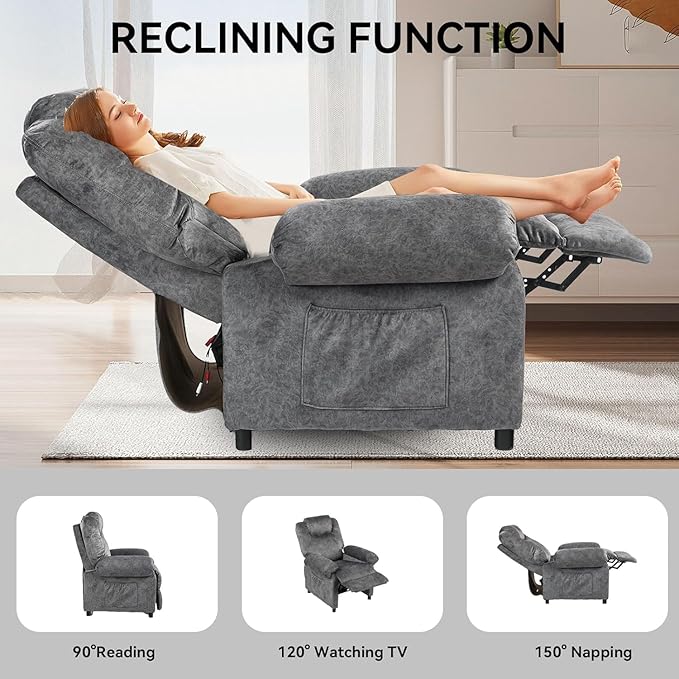Pushback Massage Recliner Chairs with Heat for Adult Mid-Century Heated Fabric Reclining Chair Small Manual Recliner Chair for Small Places Grey