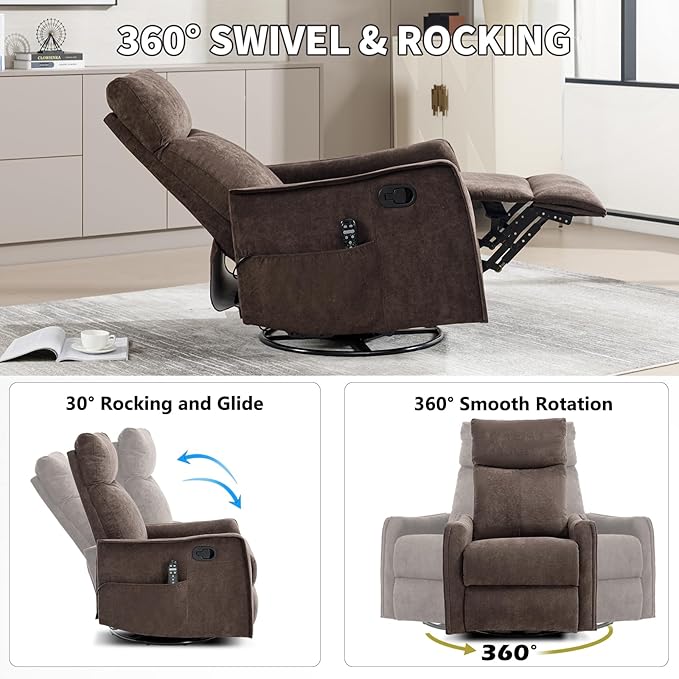 Swivel Rocker Recliner Chair 360° Swivel Recliner with Heat and Massage Rocker Recliner Easy to Clean Nursery Glider Recliner Chair with Side Pockets for Living Room Brown