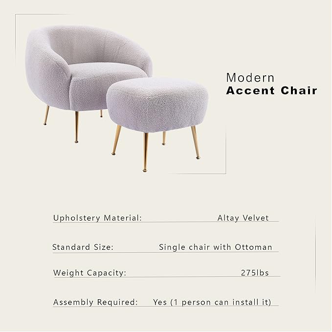 Modern Comfy Leisure Accent Chair Short Plush Particle Velvet Armchair with Ottoman for Living Room
