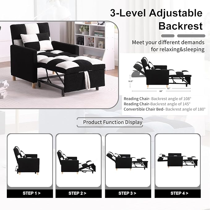 3-in-1 Convertible Chair Bed Single Sofa Bed Pull Out Sleeper with Adjustable Backrest Lounger for Living Room (Black White)