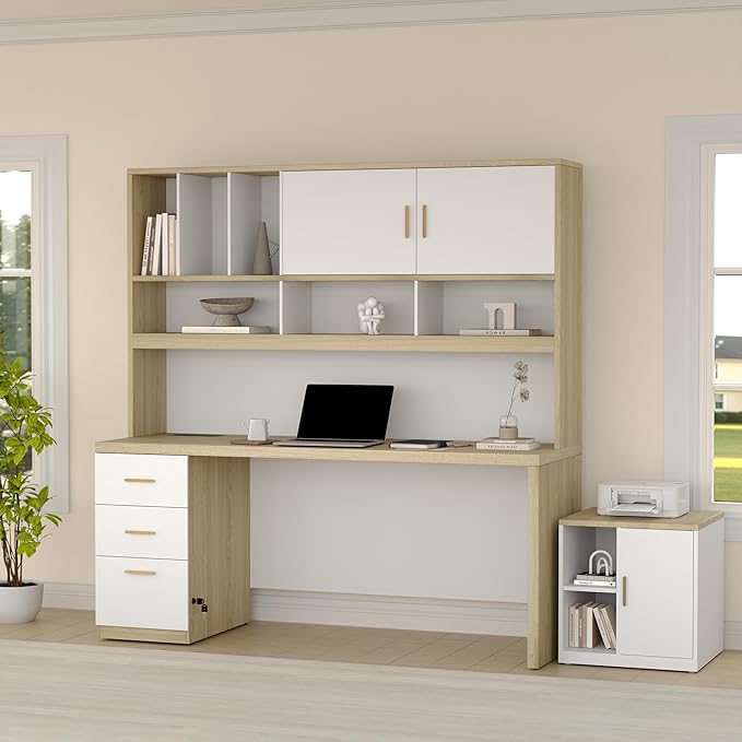 Computer Desk with Hutch and File Cabinet 72.8 Home Office Desk Set Under Desk Storage Cabinet All-in-One Study Writing Desk with Power Outlet 1.18 Desktop Privacy Panel Light Walnut