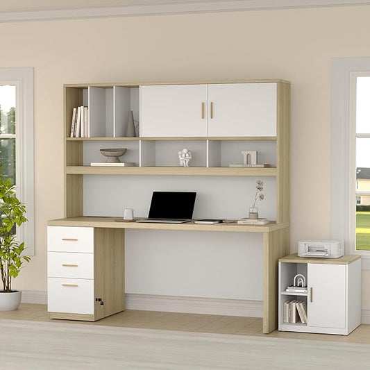 Computer Desk with Hutch and File Cabinet 72.8 Home Office Desk Set Under Desk Storage Cabinet All-in-One Study Writing Desk with Power Outlet 1.18 Desktop Privacy Panel Light Walnut