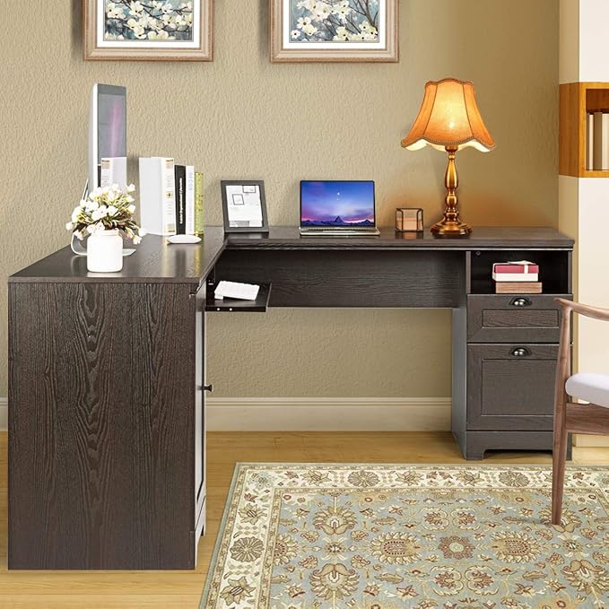 GOFLAME 66 Inch L-Shaped Computer Desk Spacious Corner Desk w/Drawers Cabinet &amp Keyboard Tray Executive Office Desk Study Gaming Workstation for Home Office (Coffee)