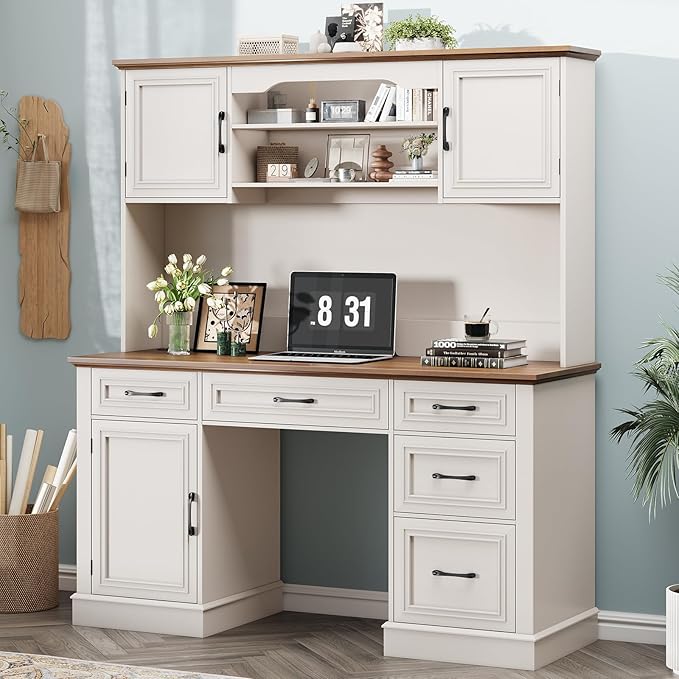 Vabches 67 H Farmhouse Executive Desk with Hutch.Wood Workstation with 5 DrawersStorage CabinetFile Drawers and Charging Station Ideal as Office DeskComputer Desk for Home Office Study(White