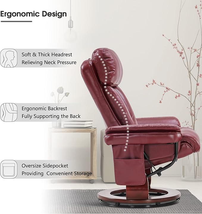 MCombo Swivel Recliner with Ottoman Faux Leather TV Chair with Vibration Massage Ideal for RV Small Space Living Room &amp Bedroom 4999 (Faux Leather Burgundy)