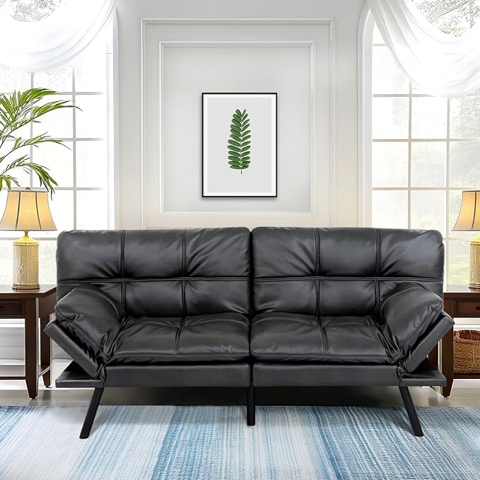 MUUEGM 71 Futon Sofa Bed Convertible Couch Filled with Memory Foam Modern Loveseat with Adjustable Backrest&ampArmrest Sofas for Living RoomGame RoomDormitoryOffice.Matte Black Leather
